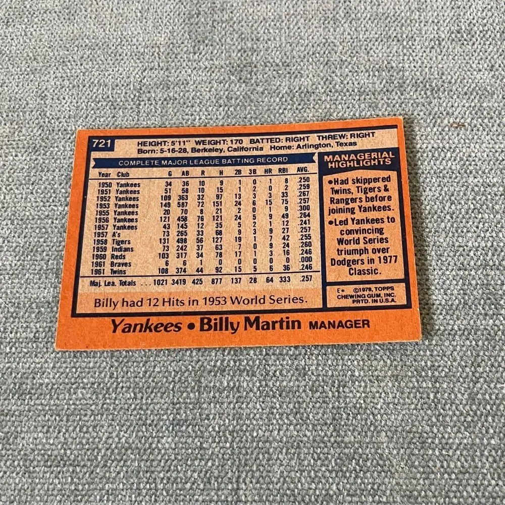 1978 Topps New York Yankees Baseball Card Trading Card